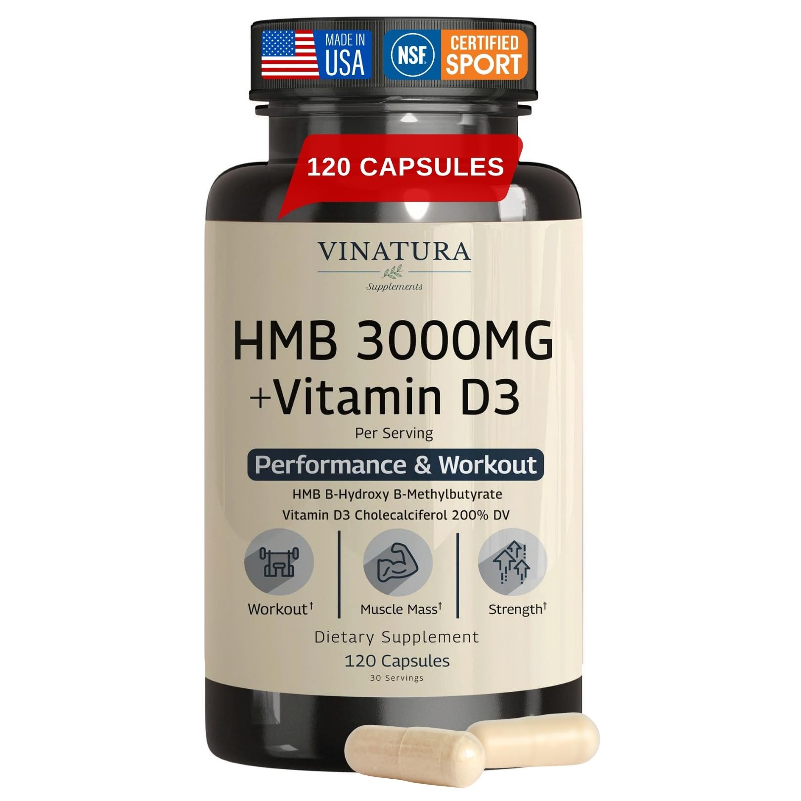 VINATURA HMB 3000mg and Vitamin D3 Supplement Capsules per Serving *USA Made & Tested* Promotes Muscle Growth & Recovery - HMB Supplement and Vitamin D3 (1600 IU) - 120 Capsules 30 Servings