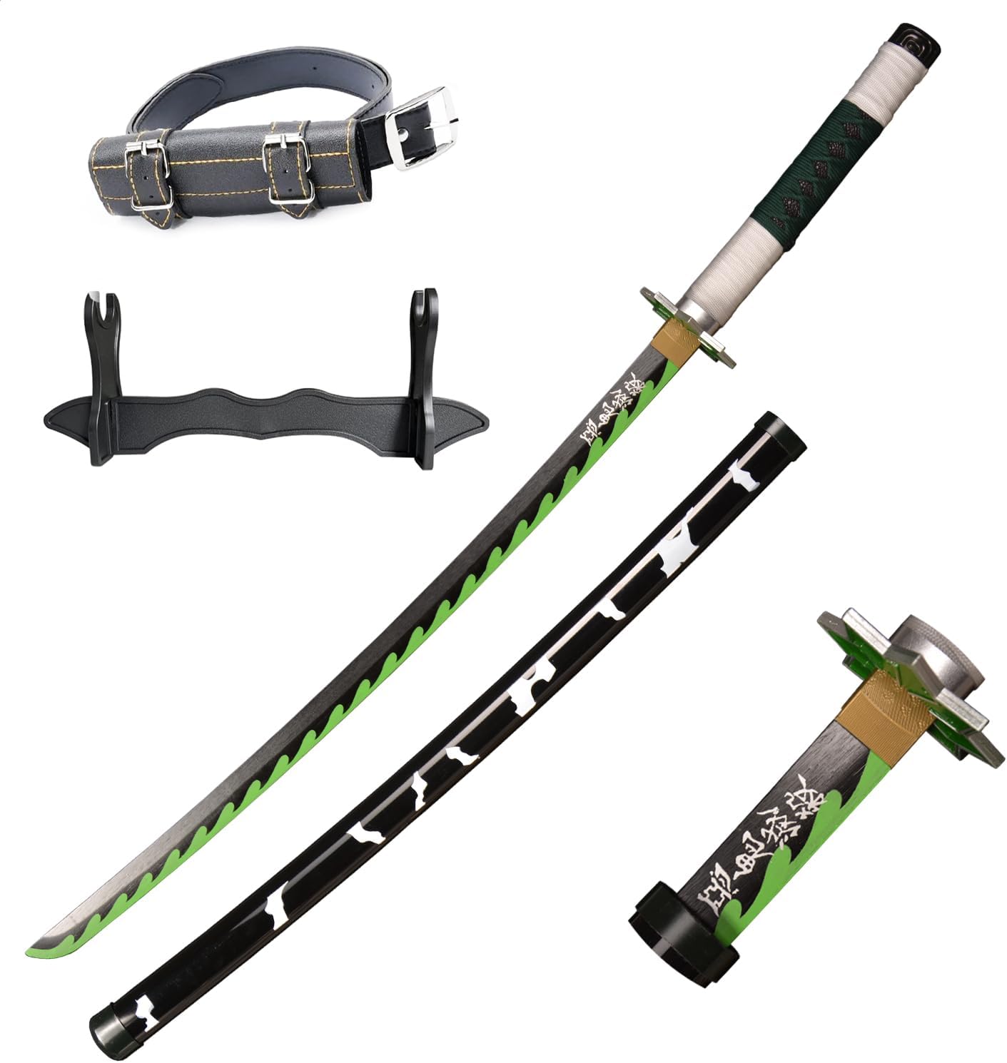 Wooden Cosplay Anime Katana Swords, Shinazugawa Sanemi Samurai Sword, Demon Slayer Sword Sunwheel Knife Eight-Pointed Star 40 in