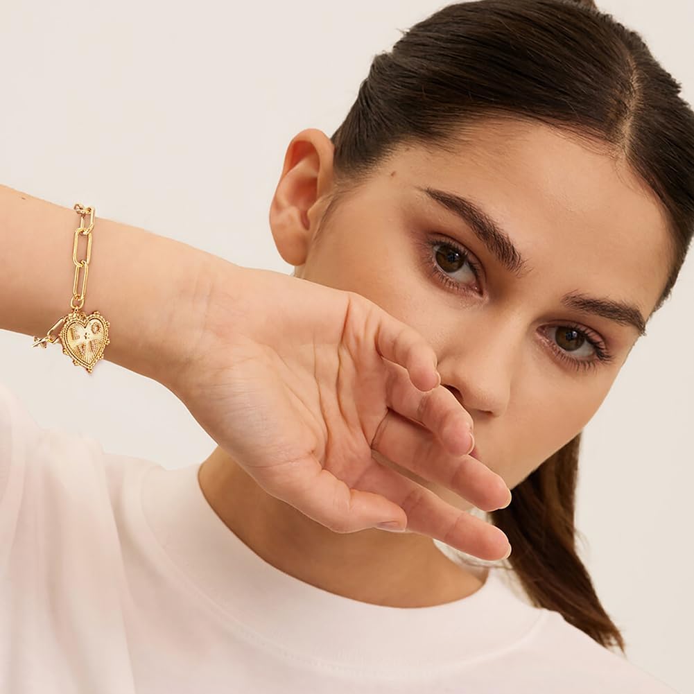 Pearl Bracelets For Women Gold Plated Chain Link Bracelets Bow Heart Charm Bracelets - Image 3