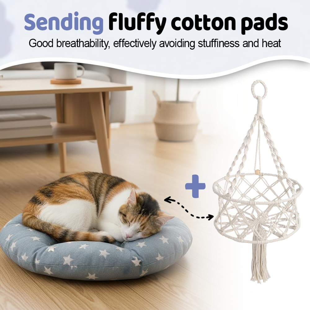 Hängendes Katzenbett Handgewebt, Geflochtene Katzenhöhle Hängematte mit Kissen, Macrame Katzenhängebett Stabil, für Fensterbank Balkon, Indoor für Katzen Kleine Hunde