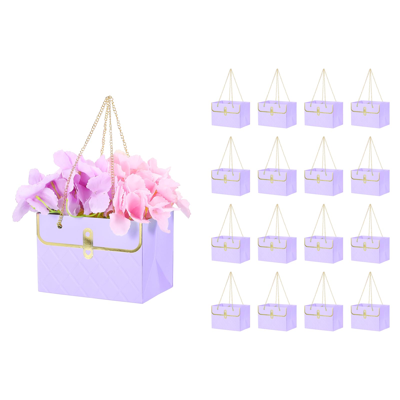 PATIKIL Paper Flower Gift Bags (16Pcs, Light Purple) Bouquet Storage Bucket Florist Handbags with Metal Chains, Suit for - Wedding/Gift Wrap/Birthday/Party/Mother's Day