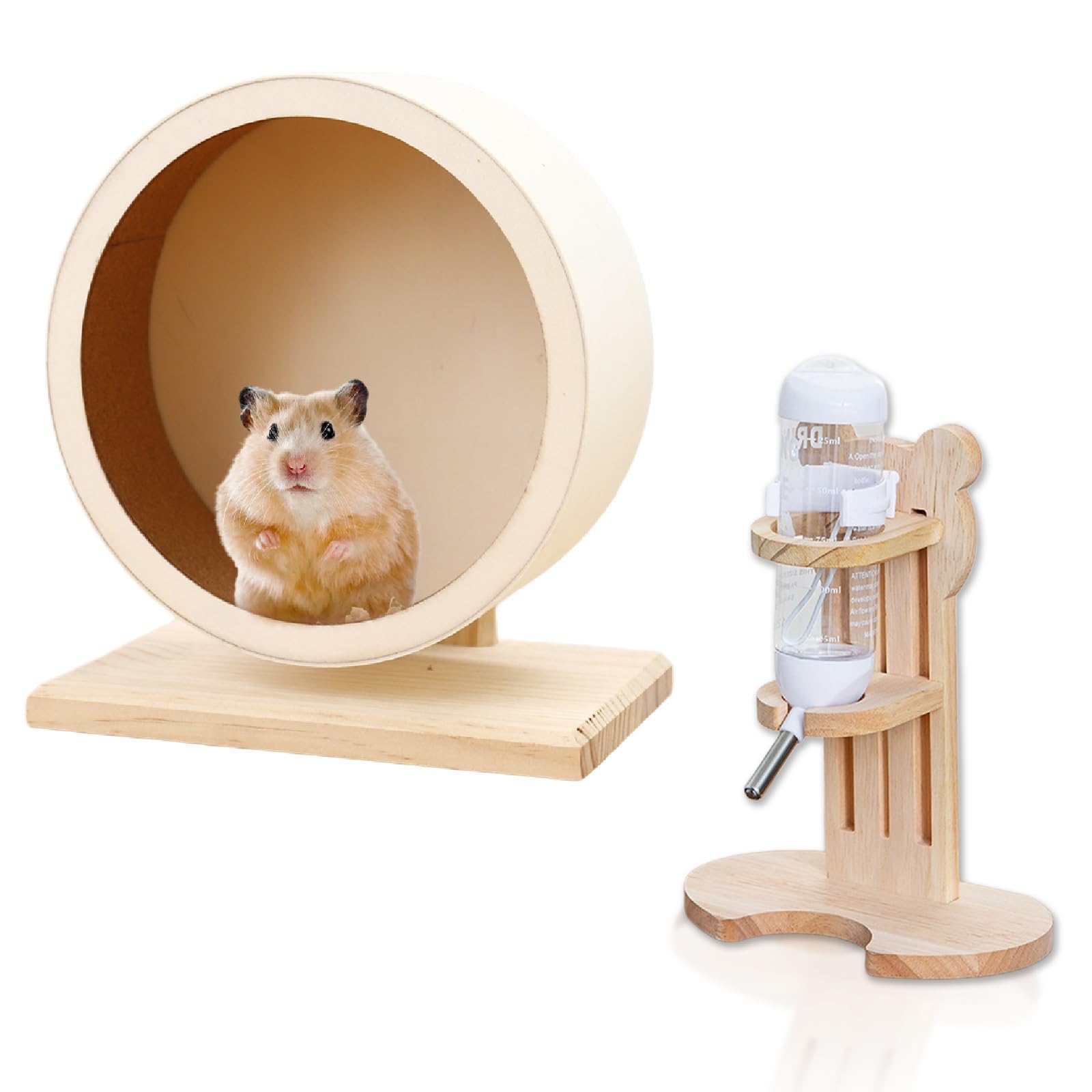 Juego de 2 botellas de madera para hámster con soporte, 20 cm, rueda de hámster de madera, botellas de agua de 125 ml, rueda silenciosa con rodamiento de bolas para animales pequeños, hámsters