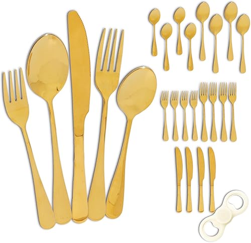 Juego de utensilios de cocina dorados Paquete de 20 cubiertos de acero inoxidable tenedores, cuchillos y cucharas Vajilla para el hogar, cocina,