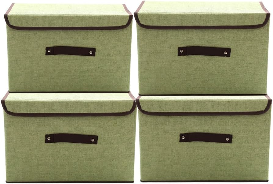 MOCOFO Set of 4 Simple Foldable Storage Box with Lids Sage Houseware and Handles Storage Basket Storage Needs Containers Organizer With Built-in Cotton Fabric Closet Drawer Removable Dividers