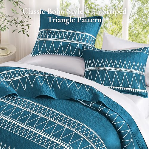 Image of Andency Teal Quilts Queen Size, 3 Pieces Queen Quilt Bedding Set Boho Lightweight Soft Striped Bedspread for All Season (90 inchx96 inch), Printed Bohemian Polyester Reversible Coverlet Comoforter Sets