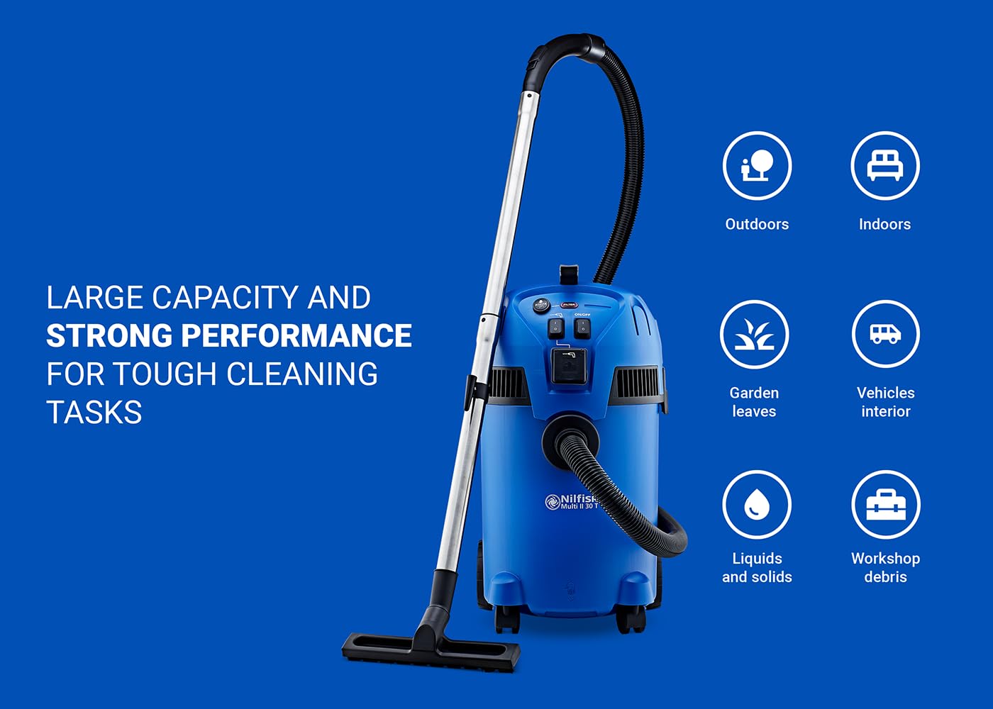 Nilfisk Multi II 30L T Aspiratore Solidi e Liquidi – Per Casa, Giardino e Auto – Funzioni di Aspirazione e Soffiaggio per Interni ed Esterni (1400 W)