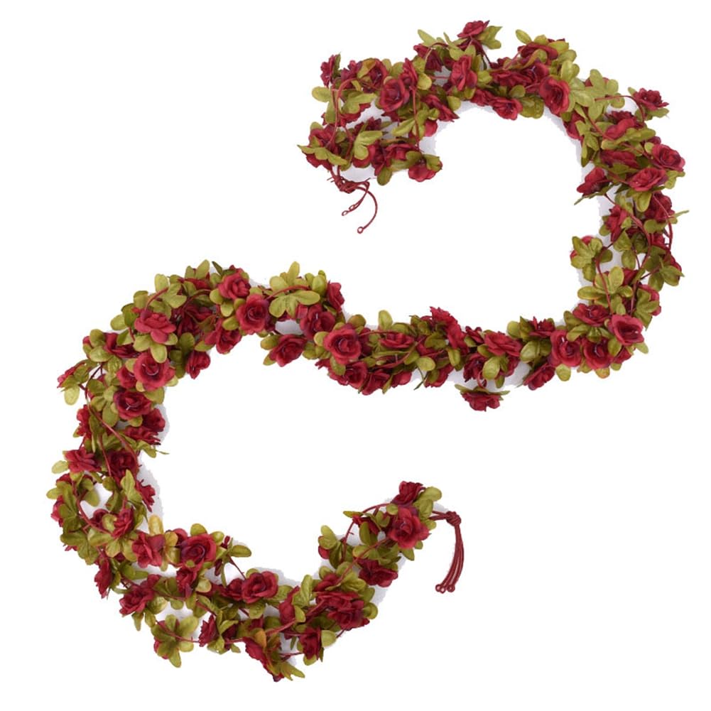 Yurosiay Pack of 2 2.4 m Artificial Rose Garland Fake Rose Vine Artificial Flowers Garland Like Real Elegant Flower Garland Roses Silk Flowers Hanging Vine for Wedding Party Garden Red Wine