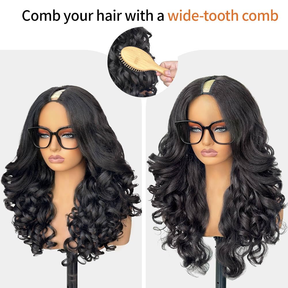 Condition photo showing New/Like New for gktineke v part wig, 24 inch straight layered half wig, glueless u part synthetic no leave out clip in wig, wear and go breathable wigs for black women (natural black)