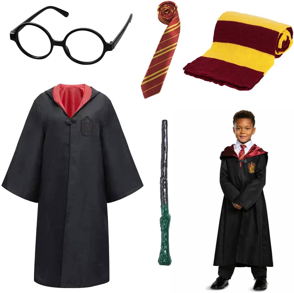 PATPAT® Gryffindor Ha*ry Potter Costume, Magic Robe Wizard Costume Magic School Uniform Halloween Costume with Magic stick, Scarf, Tie & Glasses Ha*ry Potter Accessories For Kids 135-145cm High