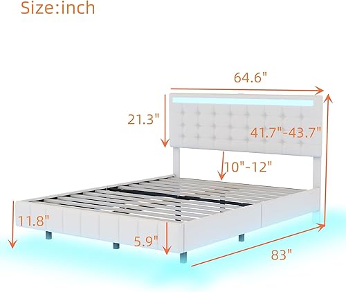 Miniatura 2 de Base de cama flotante tamaño Queen con luces LED de ambiente y carga USB, moderna plataforma tapizada de poliuretano LED, cabecera ajustable, cama