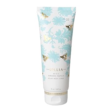 Lollia Wish Velvet Body Scrub, Sugared Pastille Scented Exfoliating Body Wash with Shea Butter for Dry Skin, Luxury Shower Essentials for Women