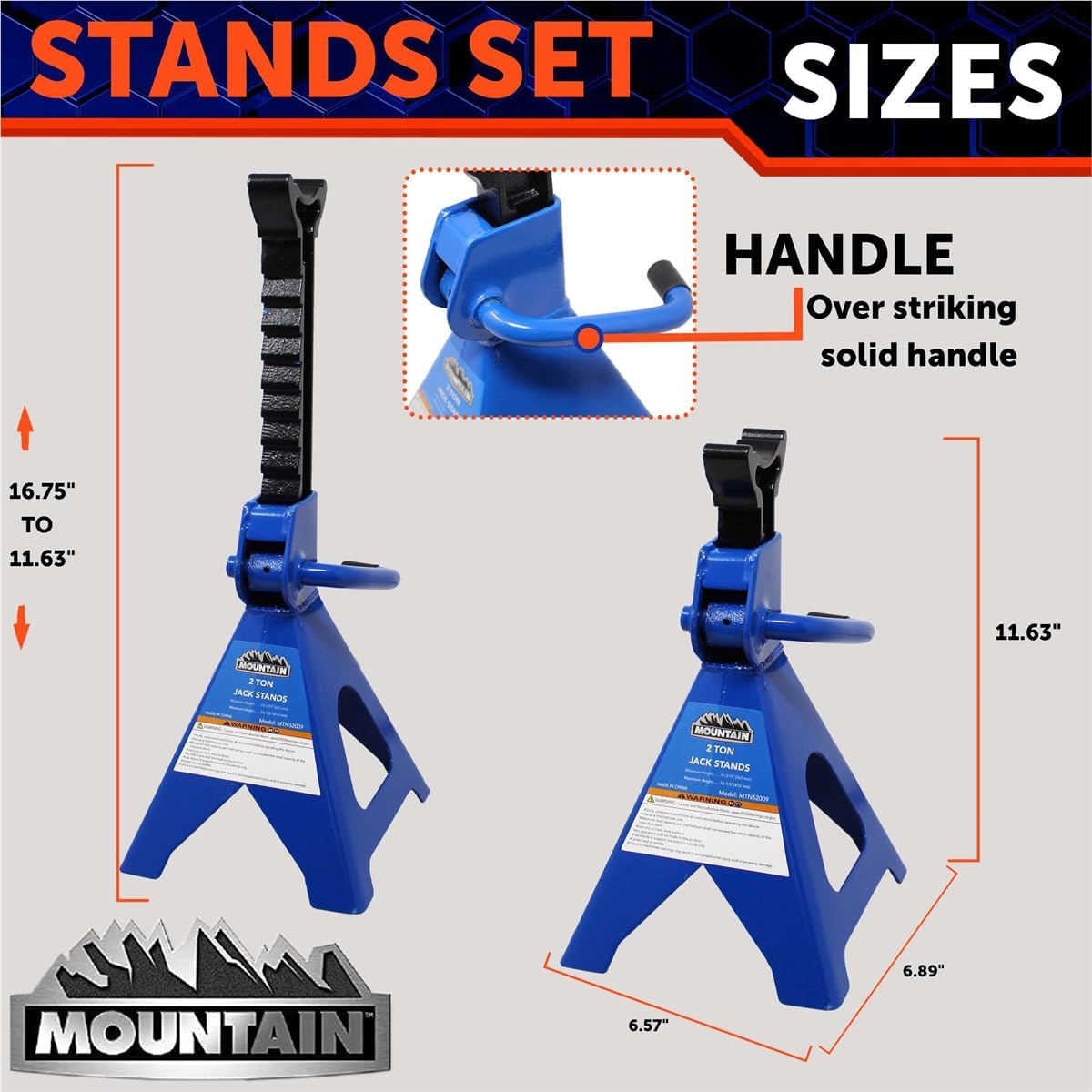 Mountain 52009 2 Ton Automotive Jack Stands for Garages, Repair Shops, and DIY, 4,000 lbs.. Capacity, Lightweight, Heavy Duty Steel Frame, Adjustable Height 10.3"- 16.2", Wide Base, Black/Blue, Pair
