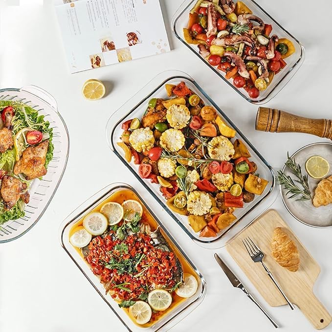 LEOMORD Borosilicate Glass Baking Dish Set, Rectangular Serving Trays, Transparent, 1000/1600/2200 ML Capacity, 3-Piece Set with Ergonomic Handles 1