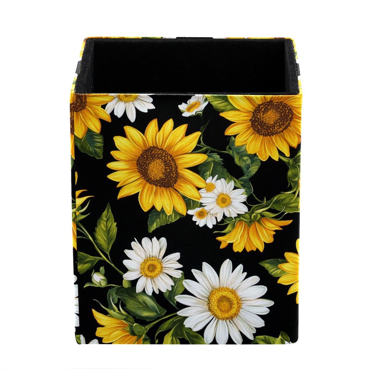 HEOEH Sunflowers Daisy Pen Holder Pen Pot, Square Pencil Cup for Desk