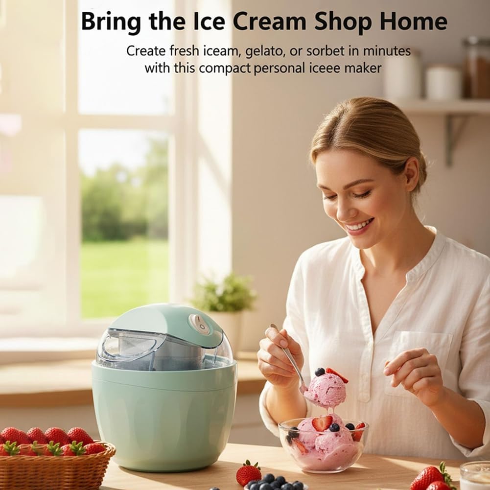 Small Home Mini Ice Cream Maker, DIY personal ice cream maker, 17oz Electric Quick Just 15 Minutes, One-Touch Dessert Maker, Frozen Yogurt, Compact Electric Makers for Kitchen, Family Treats (Green)