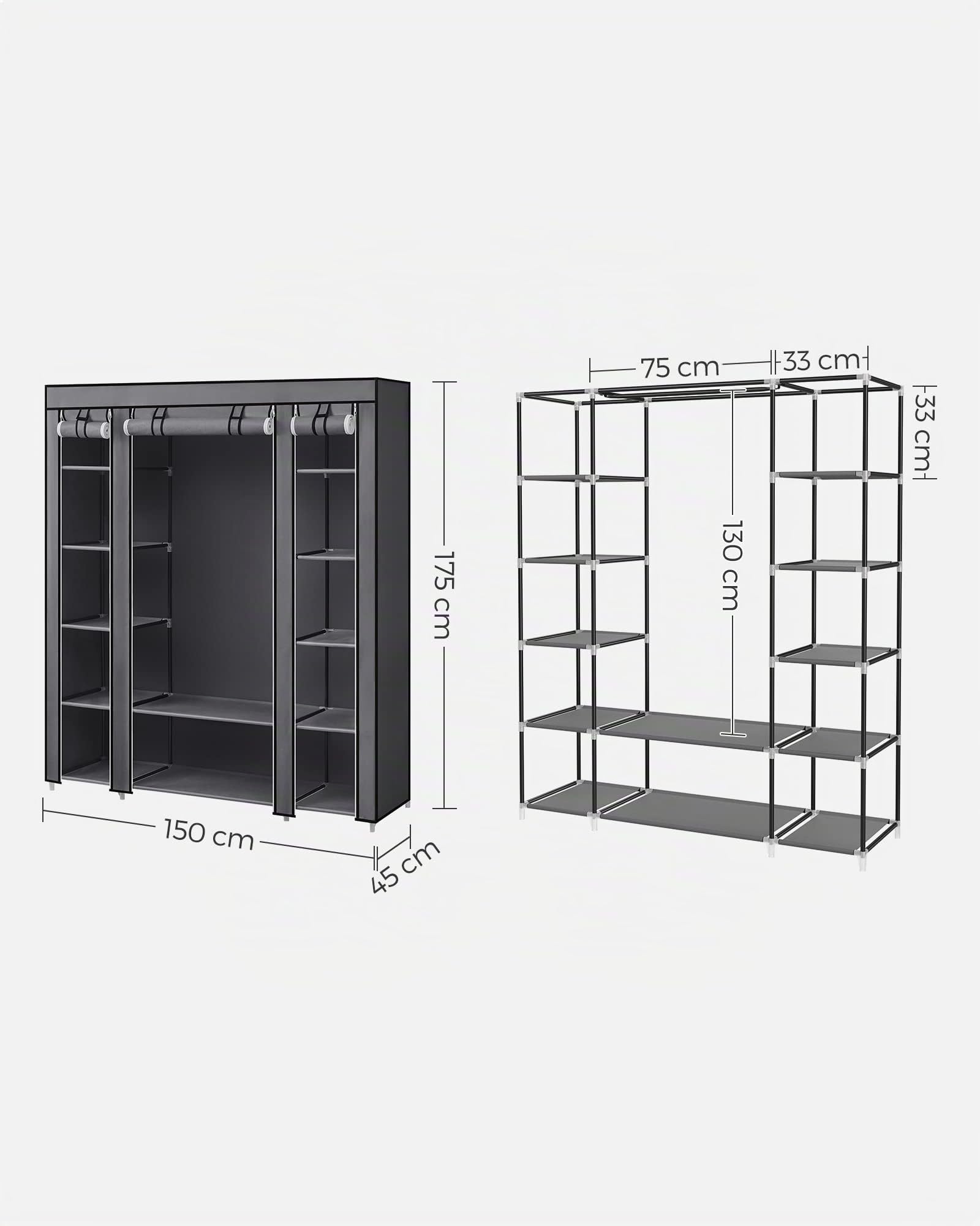 SONGMICS Armoire en Tissu 12 avec Tringle à vêtements et étagères - Armoire Solide pour Chambre à Coucher, Dressing, 150 x 45 x 175 cm, Gris LSF03G