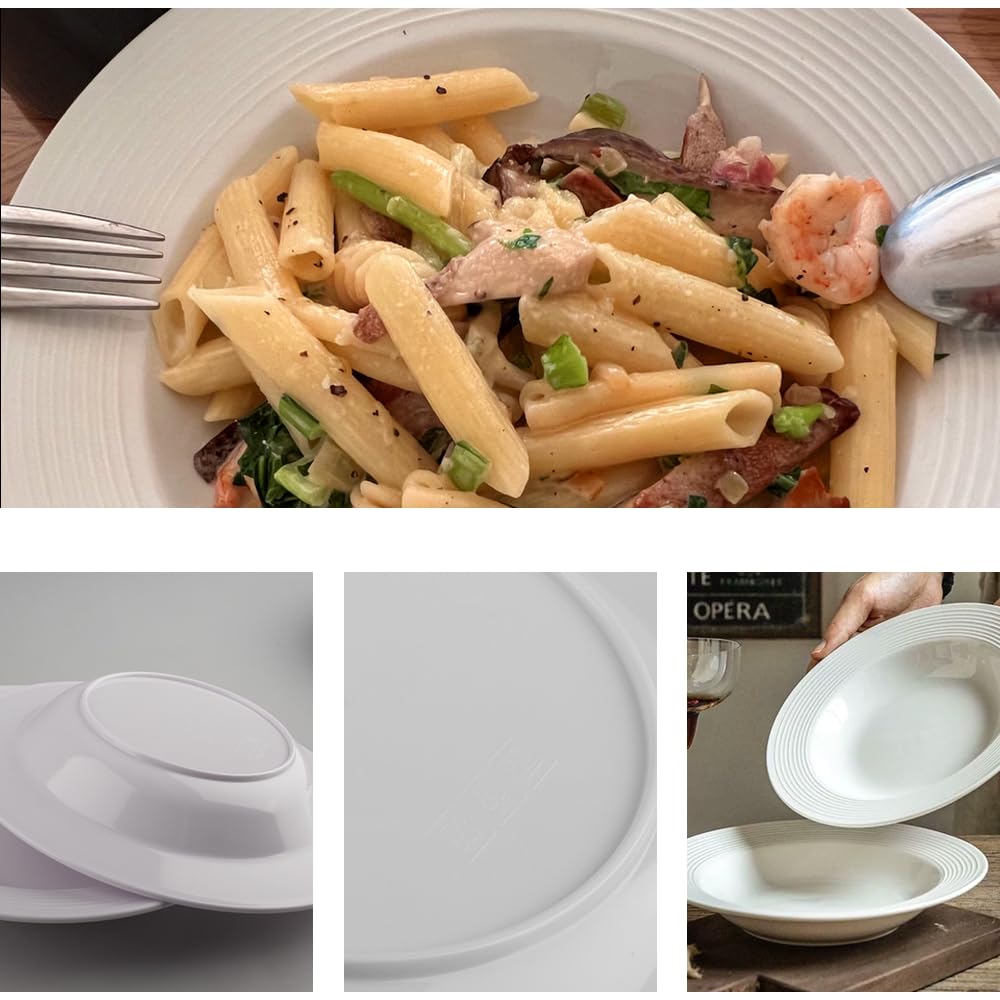 6 Piezas Platos Hondos de Plástico 22,5 cm Platos de Pasta Platos Plastico Duro Reutilizables para Fideos, Ensaladas, Sopas, Reutilizable, Blanco