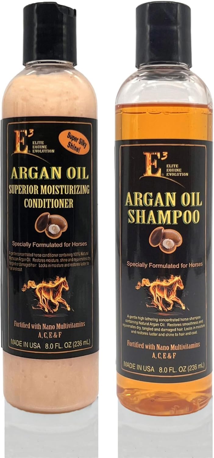 E3 Argan Oil Shampoo and Conditioner Set for Horses and Dogs - Professional Grooming Duo (2 x 8 fl oz) - High-Shine, Detangling & Hydrating Formula for Manes, Tails, and Coats