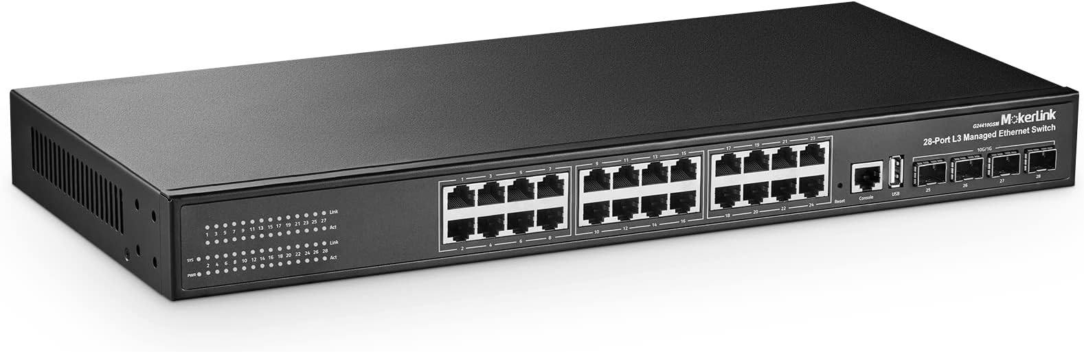 MokerLink 28 Port Gigabit Managed Switch, 24 Port GE, 4 x 10G SFP+ Uplink, 1 Console Port, 1 USB Port, L3 Smart Managed, Rackmount Fanless, DHCP QoS Vlan IGMP and Static Routing