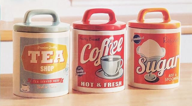 3 PCS RETRO MULTI COLOUR TEA COFFEE SUGAR CANISTER STORAGE JAR SET (MULTICOLOURED)