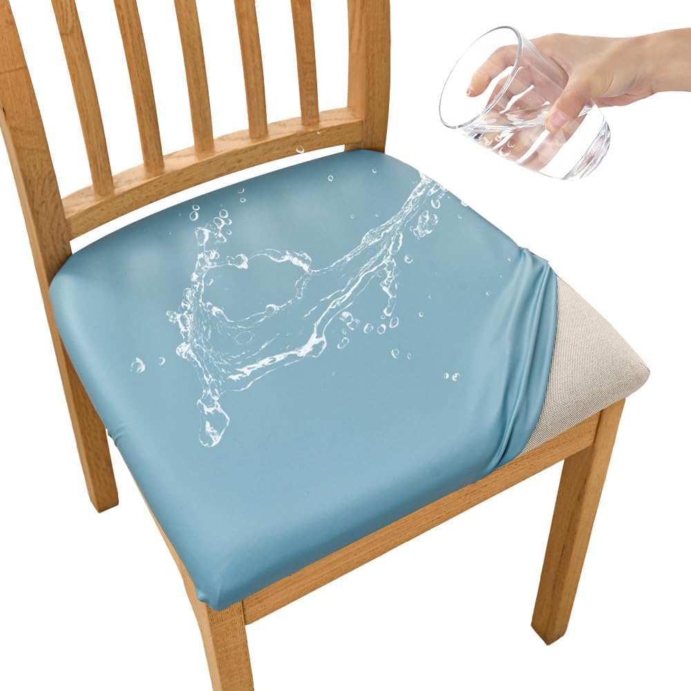 FZKun Dining Chair Seat Covers Set of 6, Pu Leather Waterproof Chair Seat Covers with Ties for Dining Room - Chair Slipcovers Removable for Wedding Party Dining Room (Light Blue,6pc)