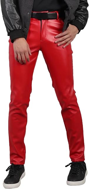 Caxndycing Men's Slim Fit Leather Trousers with Fleece Lining Men's Modern Leather Trousers Waterproof Leather Trousers Made of PU Leather Winter Trousers with Pockets