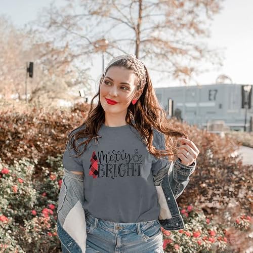 Jinting Christmas Shirts For Women Merry And Bright Shirt Letter Print Xmas Short Sleeve Graphic Tee Shirts Tops Grey #TOP3