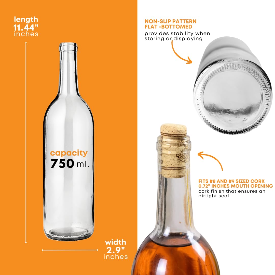 FastRack - 750ml Clear Bordeaux Wine Bottles (Pack of 48) | W5 Clear/Flint Flat-Bottomed Cork Top Liquor Bottles | 750 ml Glass Bottle for Wine Making | 4 Cases of 12 - NO CORKS INCLUDED - Image 3