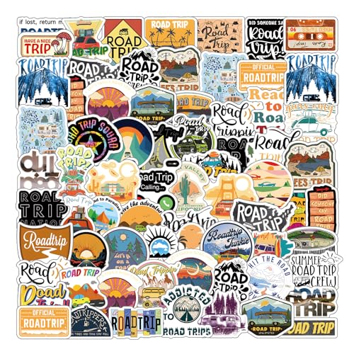 61Pcs Road Trip Stickers Pack,Cartoon Aesthetic Vinyl Waterproof Sticker Decals for Water Bottle,Laptop,Phone,Skateboard,Scrapbooking,Bumper Decor for Fans for Party Supply Decor
