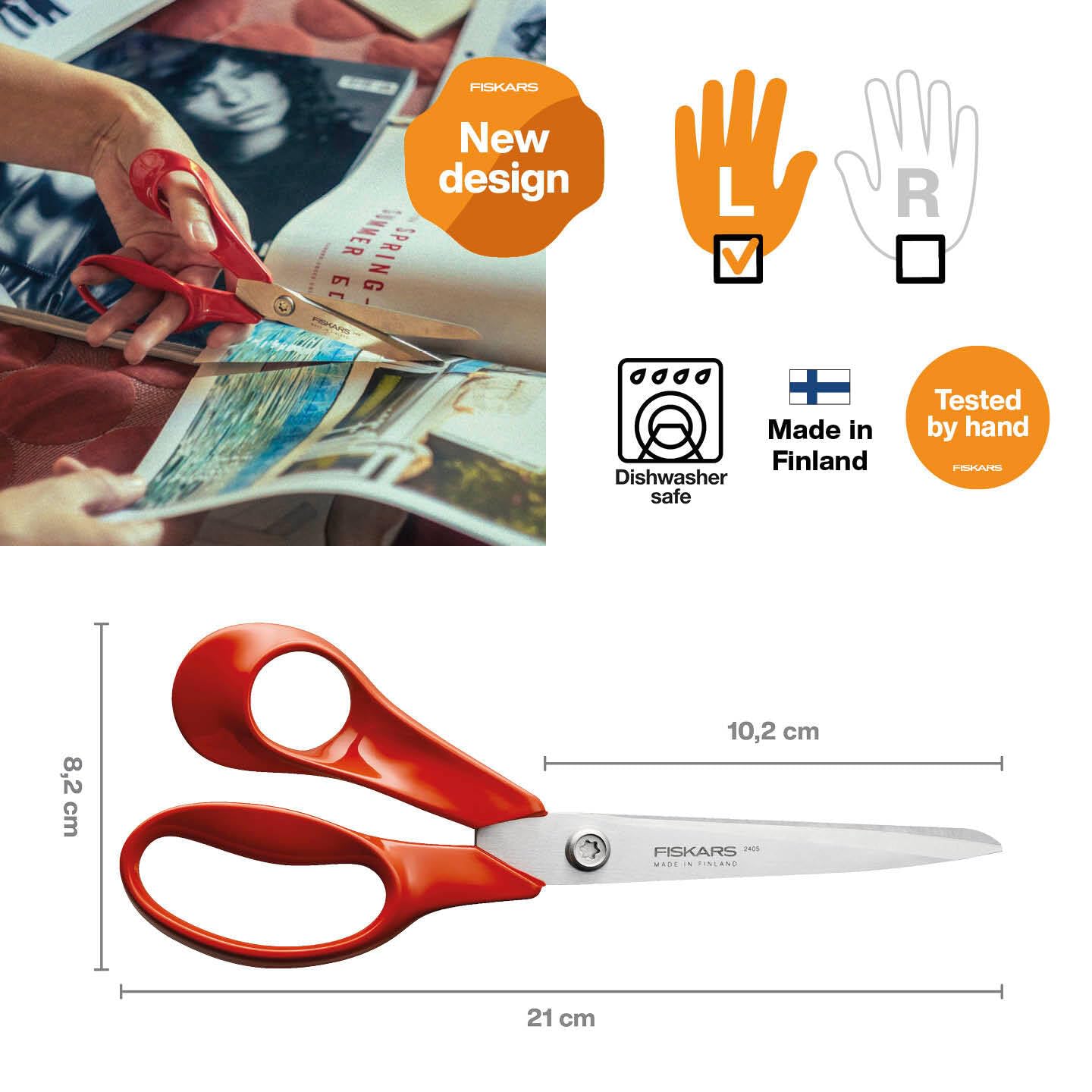 Fiskars Classic Uniwersalne nożyczki dla majsterkowiczów i do tkanin, leworęczne, długość całkowita: 21 cm, ulepszona śruba Torx i ergonomiczny uchwyt, wysokogatunkowa stal/plastik, czerwone, 1075036