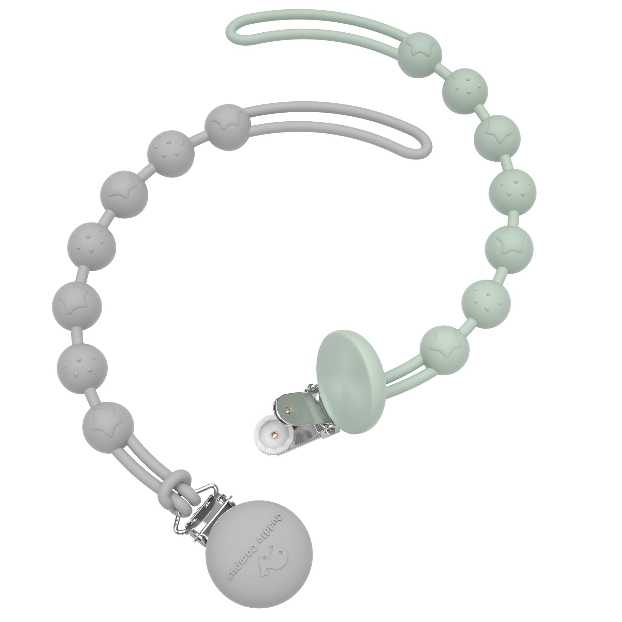 Cuddle Campus Silicone Pacifier Clip Holder with One Piece Design, Pack of 2 Soft Flexible Silicone Cord with Texture for Teething (Sage+Limestone)