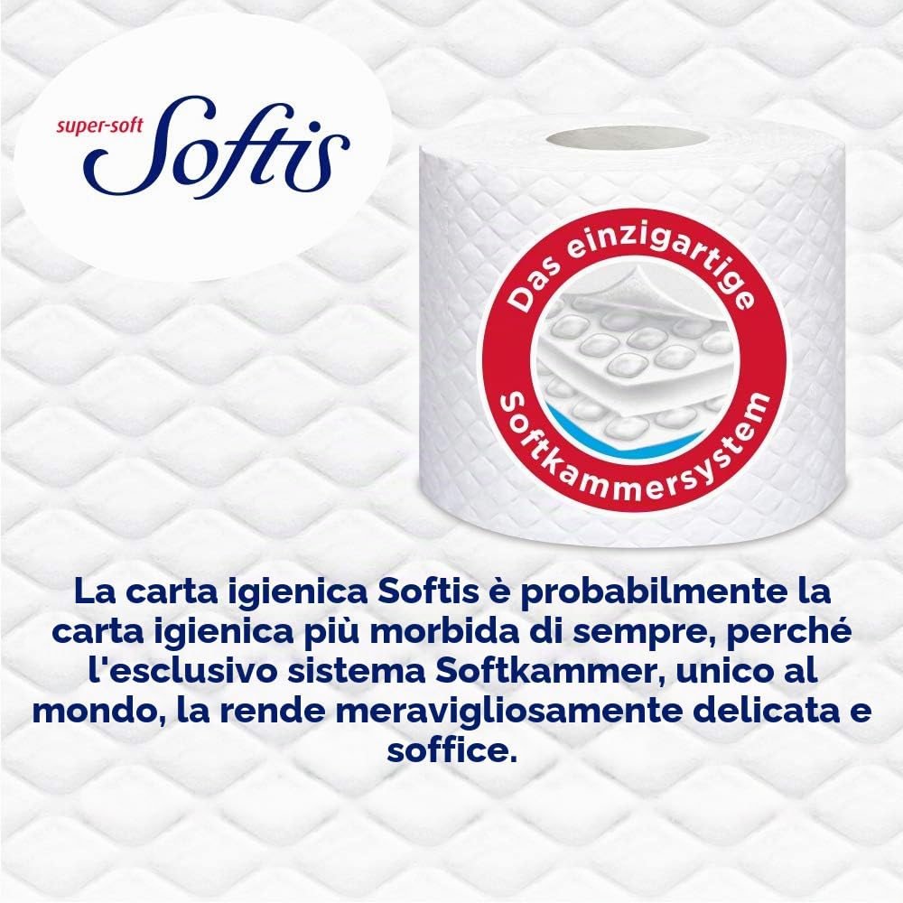 Softis Carta igienica a 4 strati, confezione da 45 rotoli (5 x 9 confezioni singole), 100 fogli per rotolo, sistema a camera morbida, confezione riciclabile, carta certificata FSC®