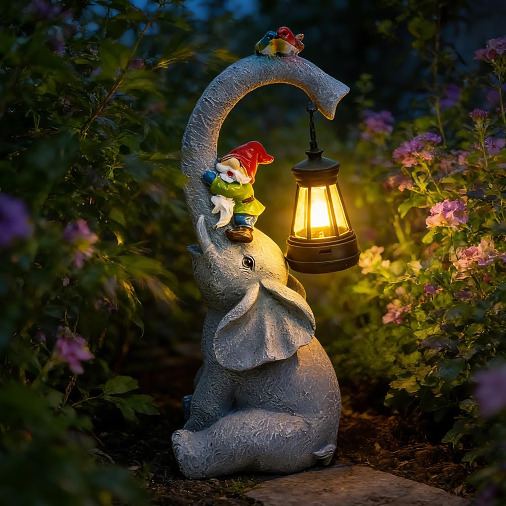 Agarte Elephant Ornaments with Solar Lanterns, Elephant Statue Garden Ornaments Art Outdoor Decoration with Solar Powered LED Lights Decor for Patio Balcony Yard, Good Luck Elephant Gifts for Women