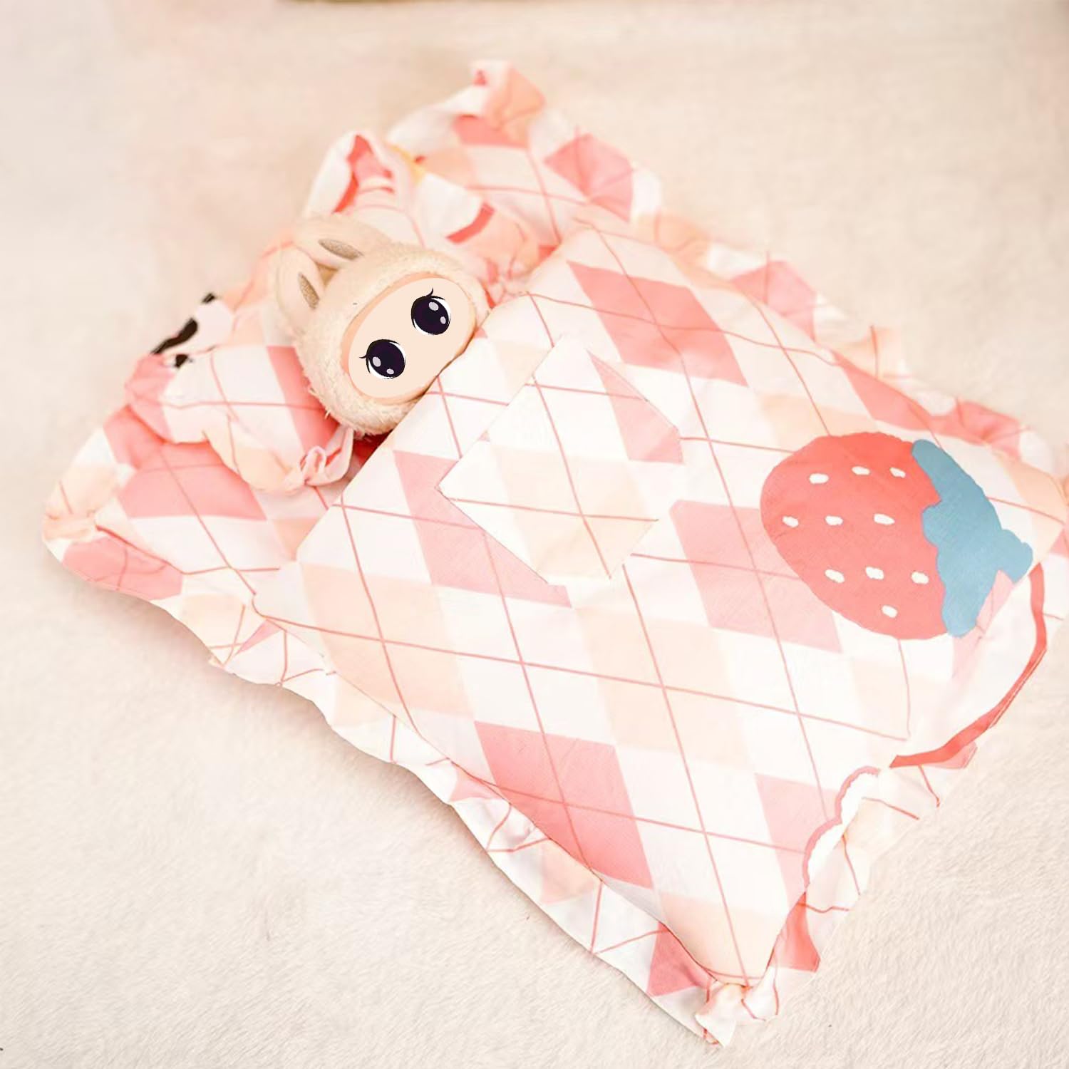 Bedding Set for 17cm Doll, Mattress Blanket & Pillow, Pink Strawberry Patterned Doll Sleeping Bag