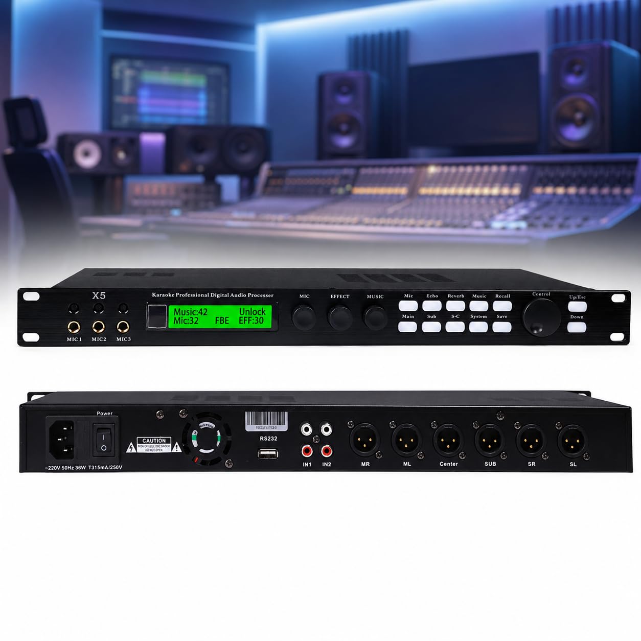 TsoLay Home Audio Equalizer, Ktv Microphone Audio Processor With Real-time Frequency Display, 5.1 Channel Output, 3 Mic Inputs, Anti-howling Dsp Processor For Karaoke, Home Theater
