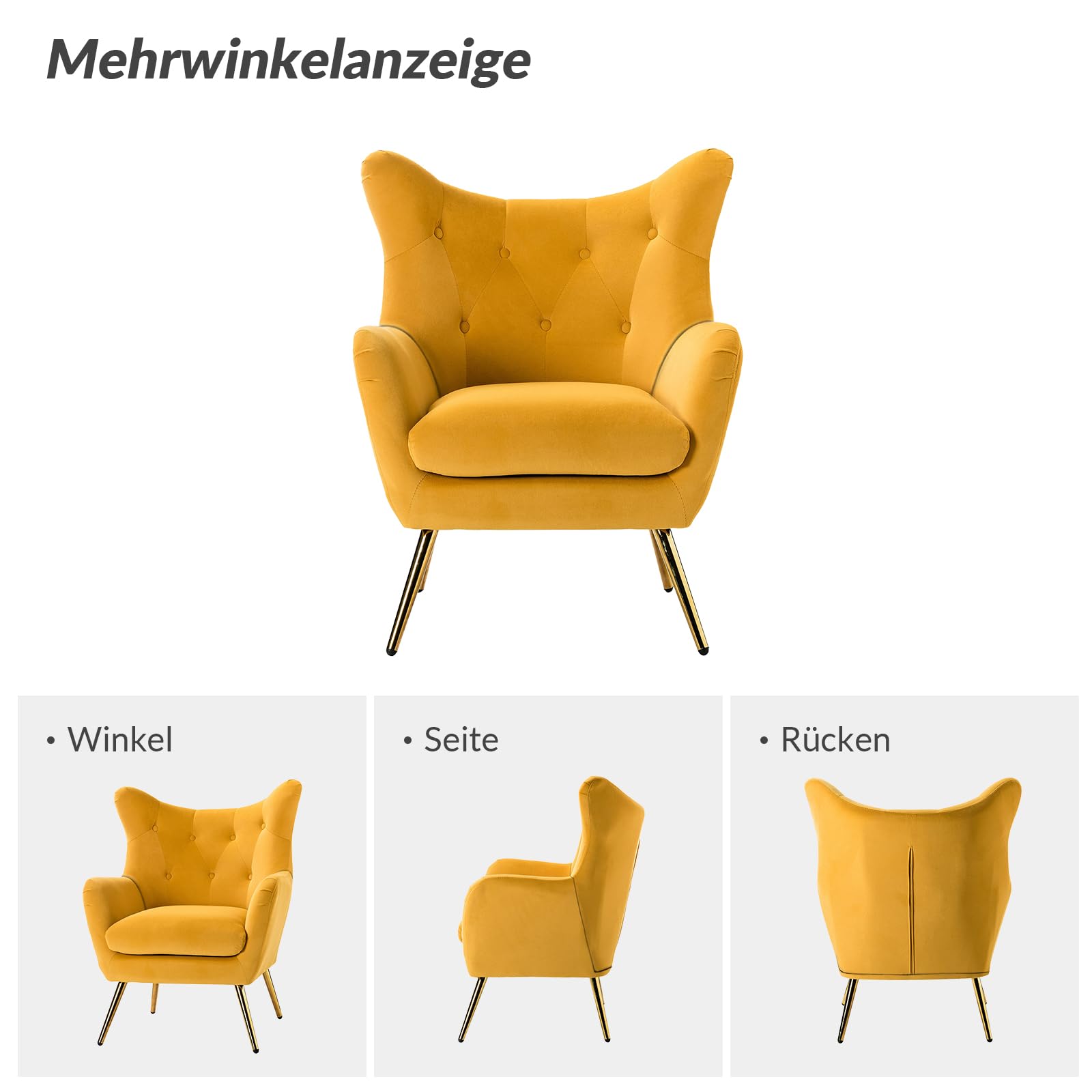 HULALA HOME Sessel gemütlich Ohrensessel gepolstert mit goldenen Metallbeinen Lesesessel bequem Loungesessel aus Samt für Wohnzimmer Schlafzimmer 2er Set, Gelb
