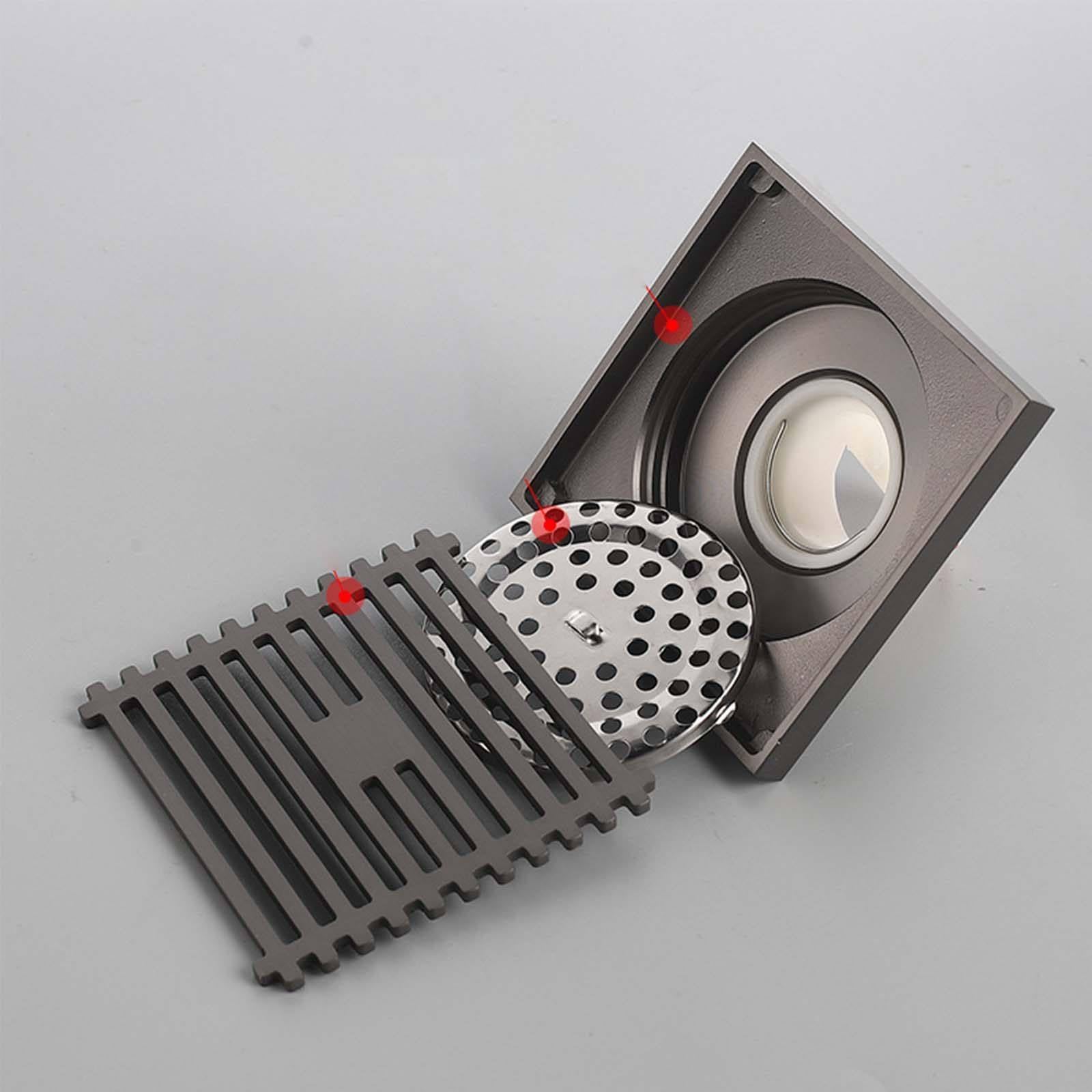 Bonde Douche Acier Inoxydable Siphon Douche Gris Pistolet Bonde de Douche Carré Bonde Douche Extra Plate 100 * 100mm Anti-Odeur Siphon de Sol Convient pour La Maison, L'extérieur DT La Villa