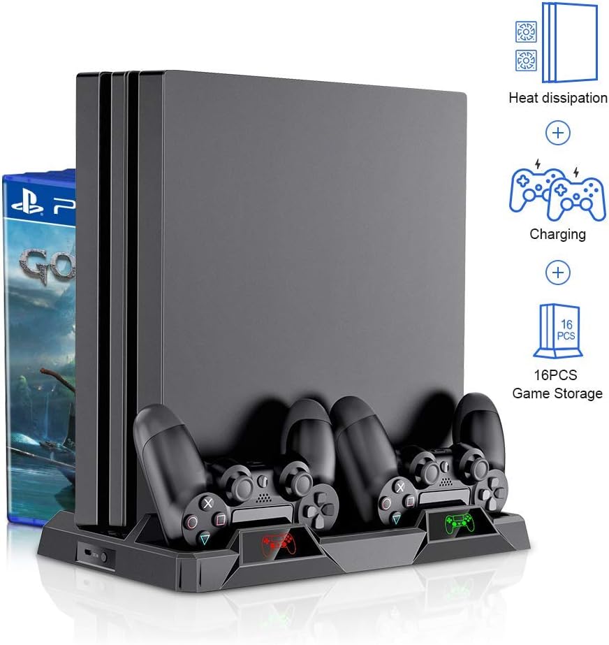 bedee PS4 Cooling Stand, All-in-One PS4 Vertical Stand Cooling Fan, Dual Controllers Charging Station with LED Indicator, 16 Game Disc Slots for PS4 / PS4 Slim / PS4 Pro