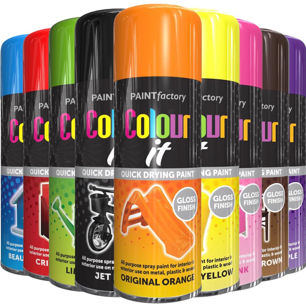 AlezyB - 9 Mix Cans Gloss Finish All Purpose spray paint 400ml Multipurpose AerosoL, Quick and Fast Drying and Excellent Coverage for Metal, Wood, Plastic - A10