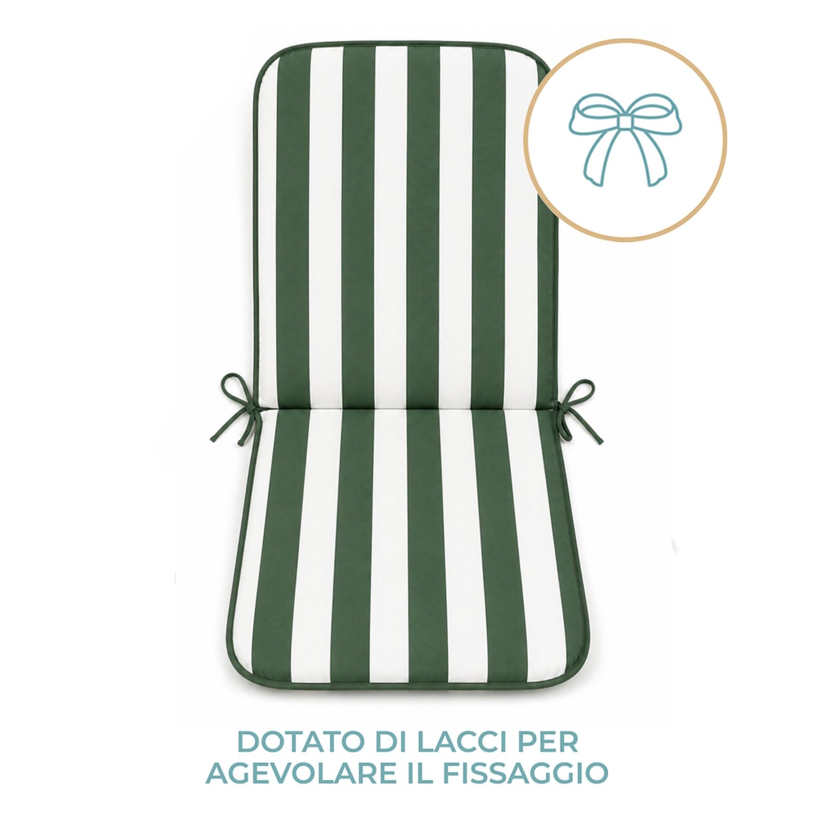 PARAMAISON Cuscino Sedia con Schienale 45x90 cm, Coprisedia Giardino Imbottito 3 cm, con Laccetti ed Elastico Antiscivolo, Universale per Sedie da Esterno | Verde