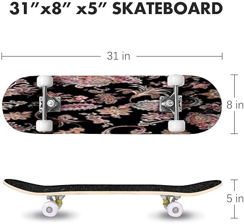 Miniatura 2 de Patinetas de pintura negra dibujadas a mano con patrón floral sin costuras para principiantes, 31 x 8 pulgadas, tablas cóncavas de arce de doble