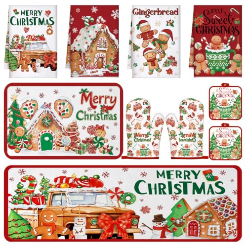 Fanfanwin 10 Pcs Christmas Gingerbread Man Kitchen Decor and Accessories Set Kitchen Towels Pot Holders Oven Mitts and Rugs for Baking Cooking BBQ Mom Housewarming Gifts
