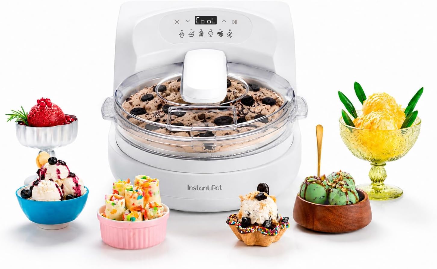 Instant Pot InstantChill Ice Cream Maker with Built‑In Compressor, No Pre‑Freezing, Real Ice Cream in Minutes*, Gelato, Sorbet, Rolled, Non‑Dairy, Mix‑Ins, Easy Clean Up, Quiet, Makes Up to 2 Pints