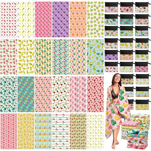 Peryiter 48 Pcs Microfiber Beach Towel with Bags Bulk 24 Large Quick Dry Pool Towels and 24 Storage Bags 28 x 55 Inch Fruit Blanket for Beach Swimming Summer Party Camping Travel Women