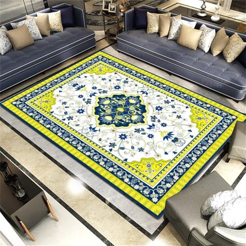 Tapis doux bleu floral 90x120cm lavable et résistant - 2
