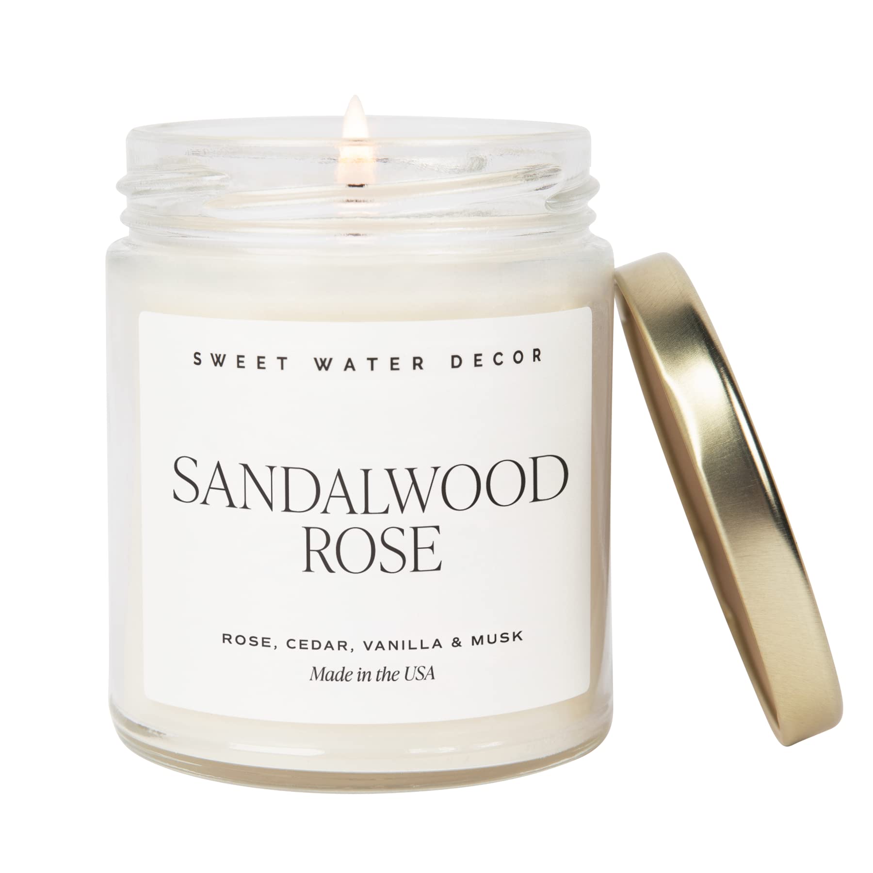 Sweet Water Decor Sandalwood Rose Candle - Green, Leafy, Winey, Rose and Guaiac Wood Scented Soy Floral Candles for Home - 9oz Clear Jar + Gold Lid, 40+ Hour Burn Time, Made in The USA