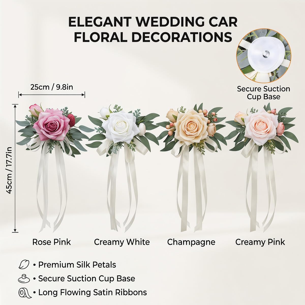 6 Stück Hochzeit Autoschmuck, Auto Türgriff Blume Deko, Autoschleifen Hochzeit Rückspiegel Dekoration, Künstliche Rose mit Saugnäpfen für Hochzeitsdeko Auto Rückspiegel Cremrosa