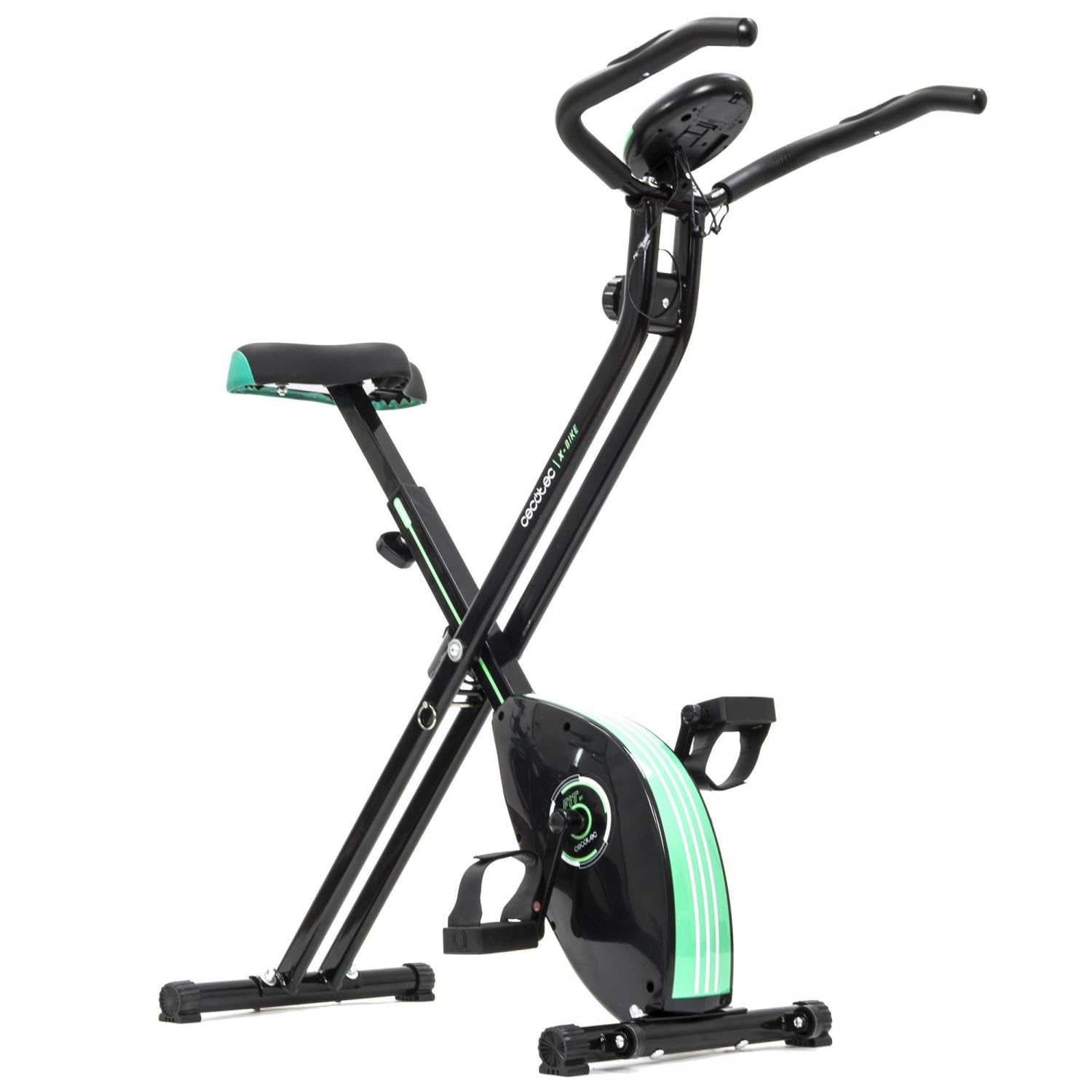 Cecotec Bicicleta Estática Plegable con Volante de Inercia de 2,​5 Kg X-​Bike. Sistema Silence Fit, Ergonómica, Manillar y Sillín Regulable, Pulsómetro, Pantalla LCD, Ruedas, Peso máximo 100 Kg
