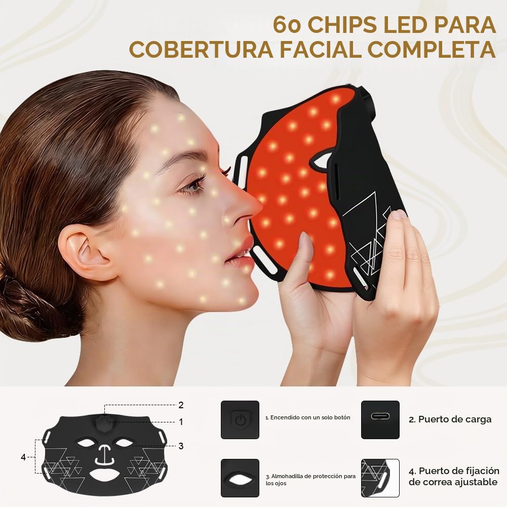 Vicloon Máscara LED Facial, Mascara LED Facial Profesional 7 Colores para Tratamiento del Acné, Rejuvenecimiento y Anti-envejecimiento, 60 Perlas de LED, Terapia de Luz Roja y Azul para el Rostro