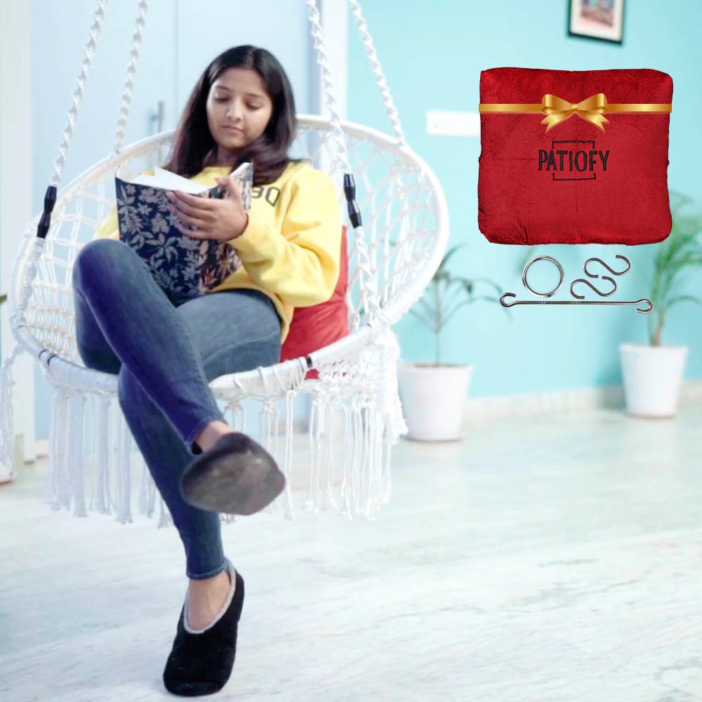 Patiofy Made in India Premium Round Shape Swing Chair Hammock Hanging Cotton Chair with Cushion & Accessories for Indoor & Outdoor/120 Kgs Capacity/Swing Chair with 1 Cushion for Kids & Adults (White)]